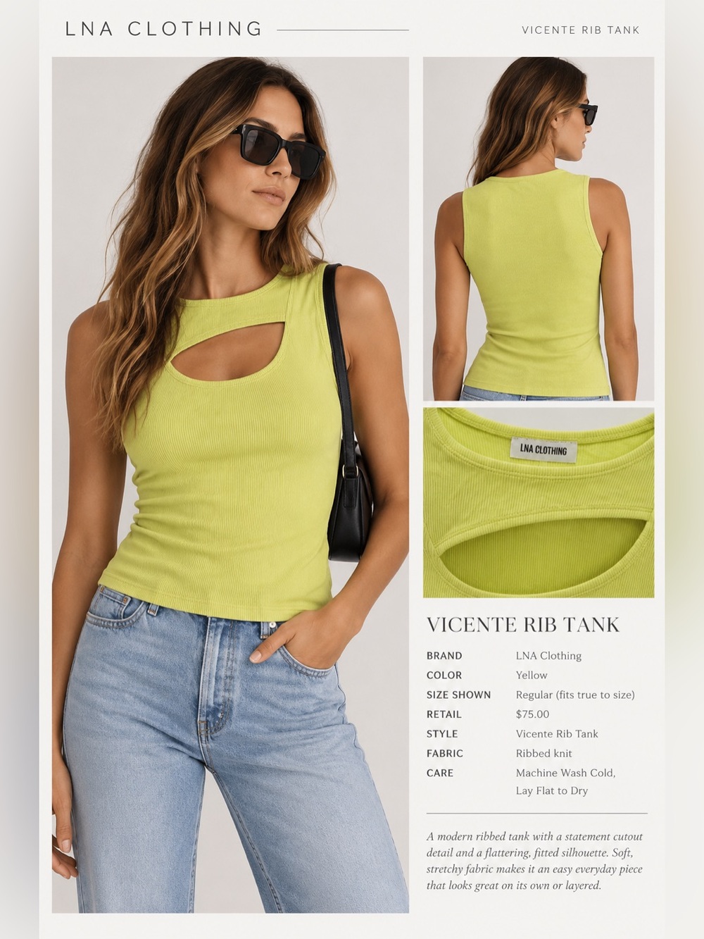 LNA Clothing Vicente Rib Tank Yellow Cutout Sleeveless Top